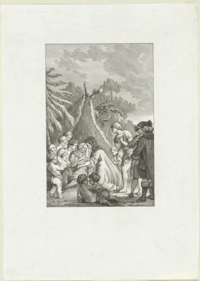 Oude man voor een tent omringd door putti, twee vrouwen en drie mannen
