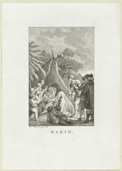 Oude man voor een tent omringd door putti, twee vrouwen en drie mannen
