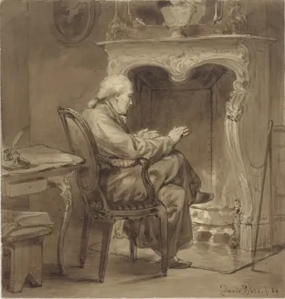 Oude man warmt zich bij de haard