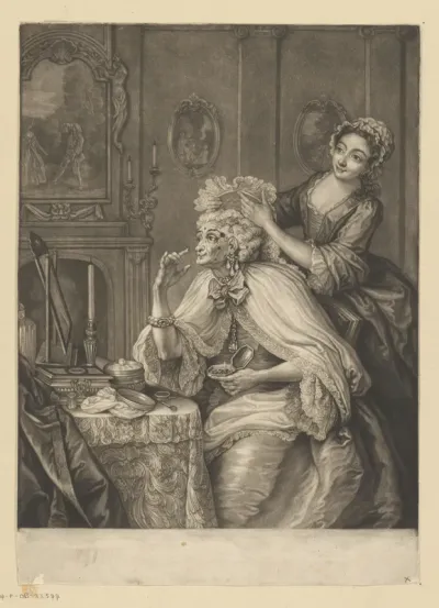 Oude vrouw aan het toilet met kamenier