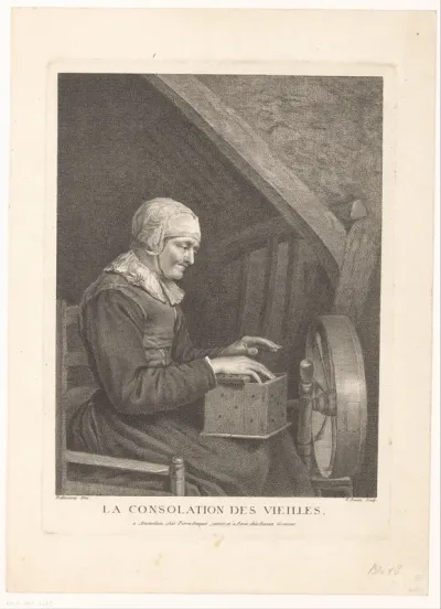Oude vrouw aan spinnenwiel