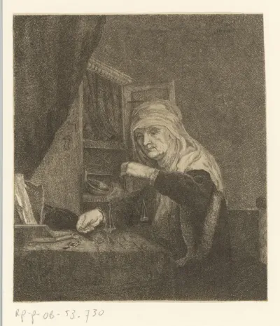 Oude vrouw aan tafel met een weegschaal