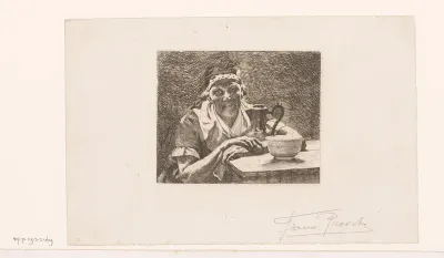 Oude vrouw aan tafel met kan en kom