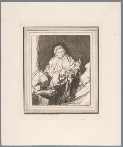 Oude vrouw achter een spinnewiel