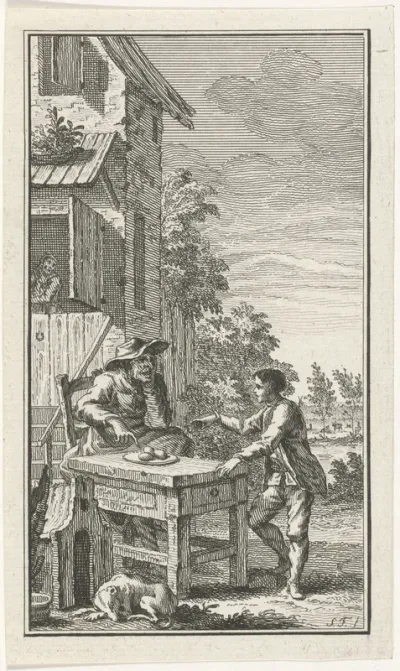 Oude vrouw biedt jongen een ei aan