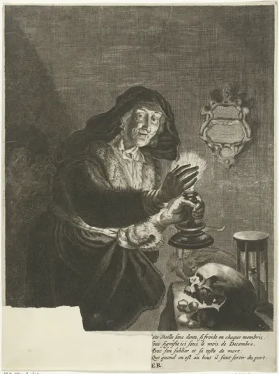 Oude vrouw bij kaarslicht