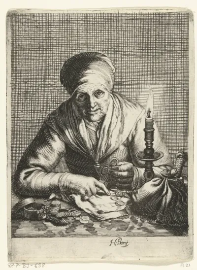 Oude vrouw die munten telt