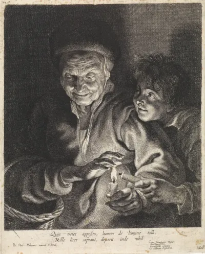 Oude vrouw en jongen met kaarsen