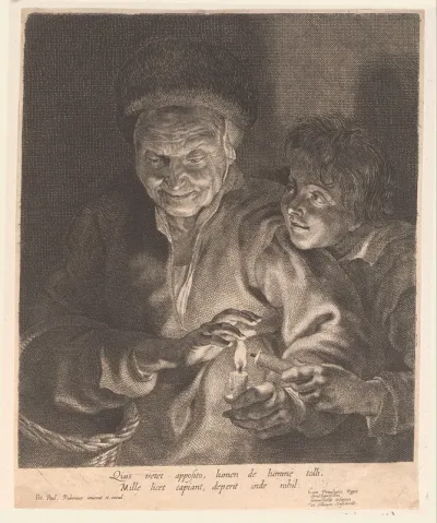 Oude vrouw en jongen met kaarsen