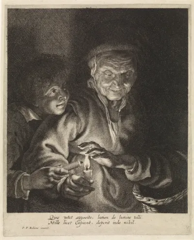 Oude vrouw en jongen met kaarsen