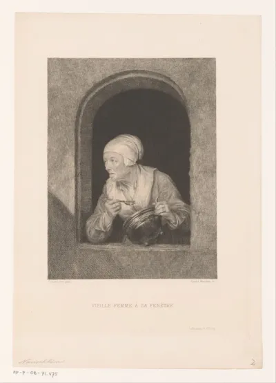 Oude vrouw in een venster