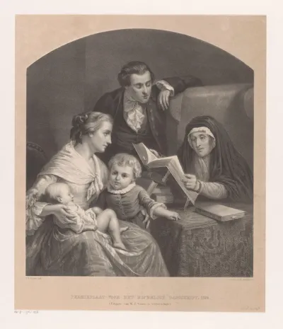 Oude vrouw leest voor aan gezin