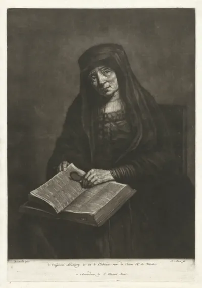 Oude vrouw met bijbel op de schoot, mogelijk de moeder van Rembrandt