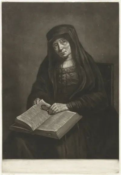 Oude vrouw met bijbel op de schoot, mogelijk de moeder van Rembrandt