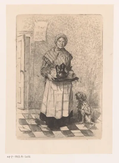 Oude vrouw met dienblad
