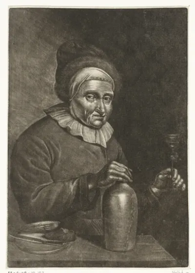 Oude vrouw met een fles en een glas