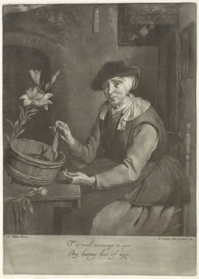Oude vrouw met een haring in de hand