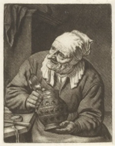 Oude vrouw met een kruik