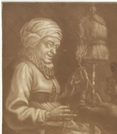 Oude vrouw met een spinrokken