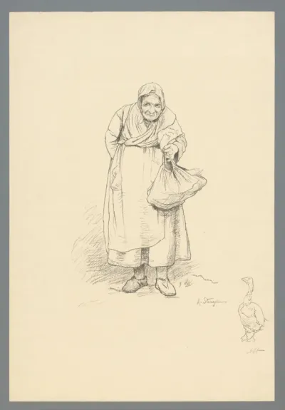 Oude vrouw met een tas in de hand