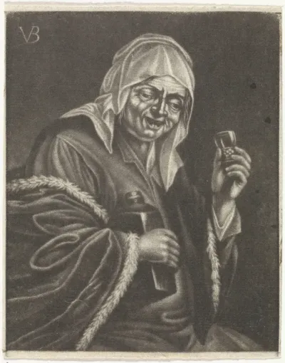 Oude vrouw met fles en glas (variant A)