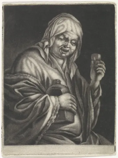 Oude vrouw met fles en glas (variant B)
