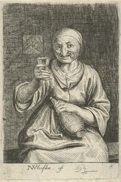 Oude vrouw met glas en kruik