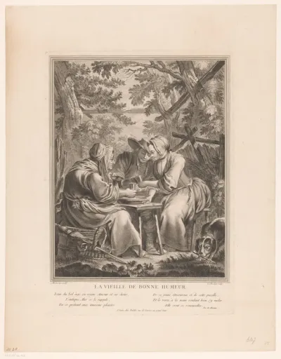 Oude vrouw met jong koppel in een tuin