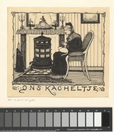 Oude vrouw met kat bij een kachel