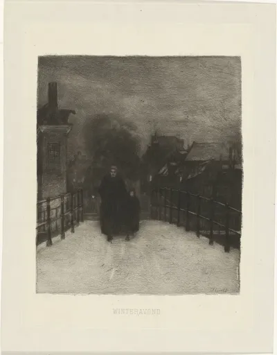 Oude vrouw met kind op een brug