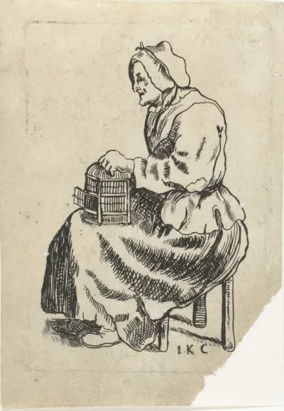 Oude vrouw met open vogelkooi