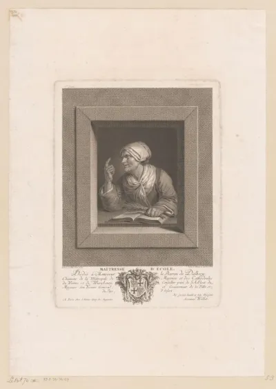 Oude vrouw met roede en een opengeslagen boek