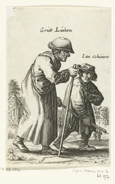 Oude vrouw met stok geleid door een jongen