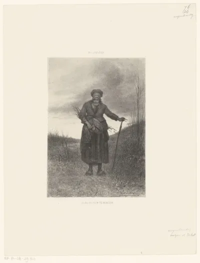 Oude vrouw met takkenbos