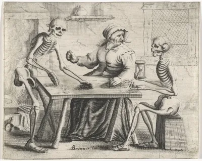 Oude vrouw met twee skeletten aan tafel