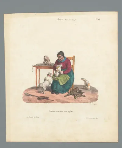 Oude vrouw met vijf honden