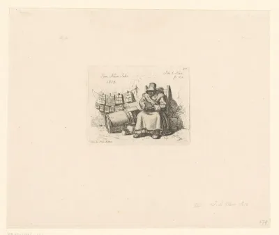 Oude vrouw naast een waslijn met kalenders voor het jaar 1815