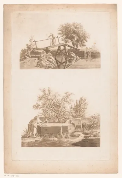 Oude vrouw op een brug en een meisje een gieter vullend