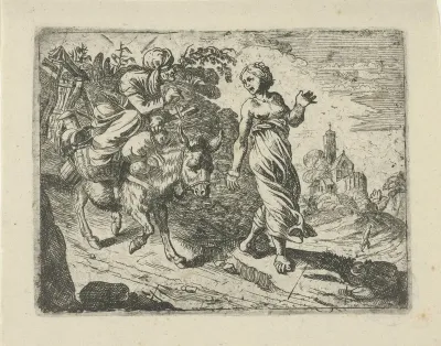 Oude vrouw op een ezel, geleid door een jonge vrouw