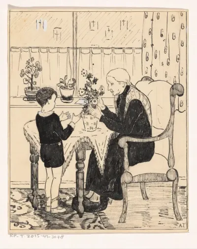 Oude vrouw schikt een boeket