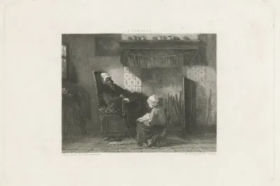 Oude vrouw voor een haardvuur