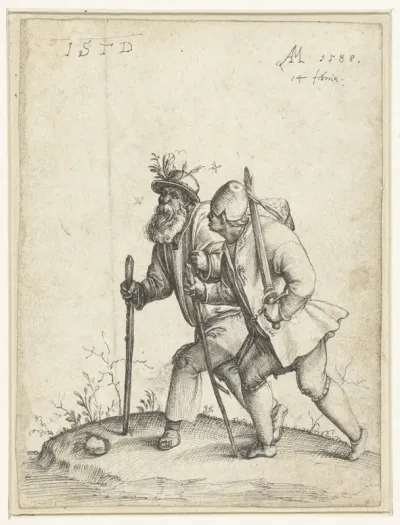 Oude zwerver met jongeman met zwaard