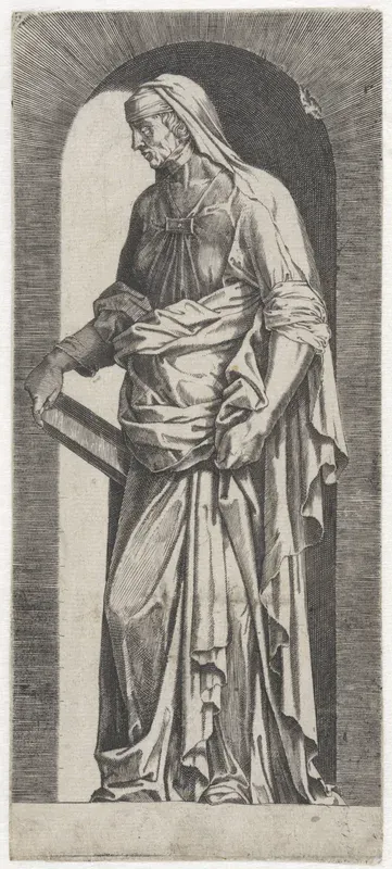 Oudere Sibille met een boek in haar hand