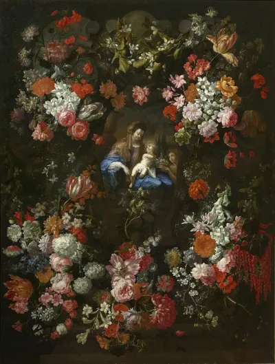 Our Lady with Child and St John in a garland of flowers
