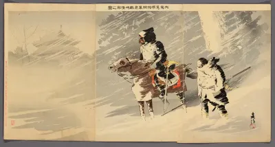 Our Officers Scouting the Enemy Camp in a Snow Storm (Oyuki o okashite waga shoko tanshin tekichi o teisatsu no zu)