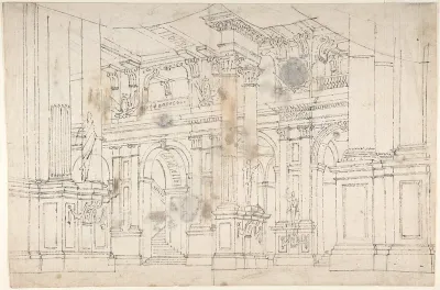 Outline Drawing: Stage Set Design for a Performance of "Iphigenia". Verso: Two Designs for Palace Interiors.