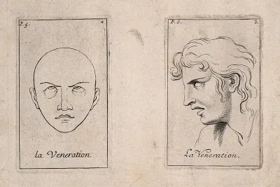 Outline of a face expressing veneration; profile of a male face expressing veneration or a state of attention
