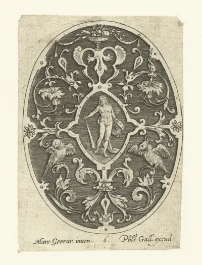 Ovaal, in het midden staat Hercules in een ovale lijst