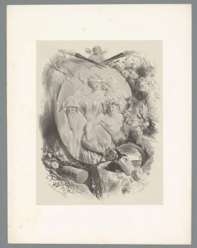 Ovaal reliëf met onder anderen Ceres en Bacchus, omringd door een putto met fakkels, een wijnvat, flessen wijn en bloemen