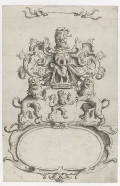 Ovale cartouche met wapen tussen twee leeuwen